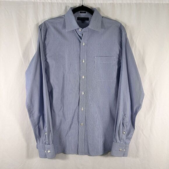 Tommy Hilfiger Dress Men 15.5 Shirt Blue Striped Button Up Long Sleeve - Picture 1 of 8